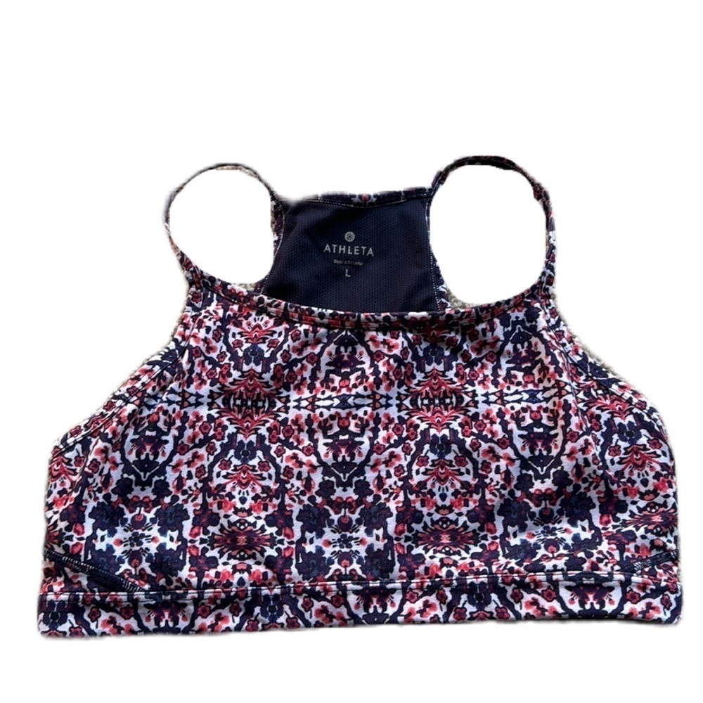 Athleta Indigo Shores Chi Racerback Bra L Blue/Pink Size Large EUC Yoga Workout